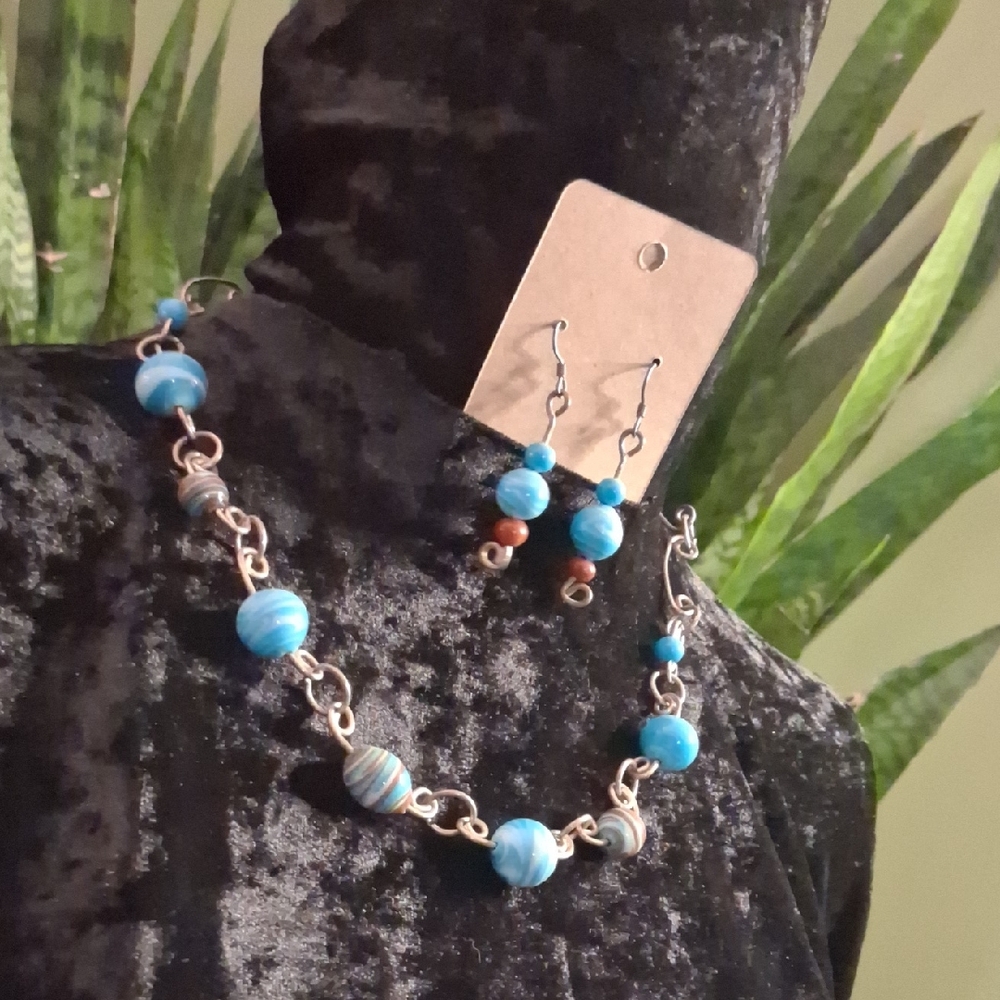 Elegant Sky Blue Glass Beaded Silver Artisan Necklace & Earrings Jewelry Set.
